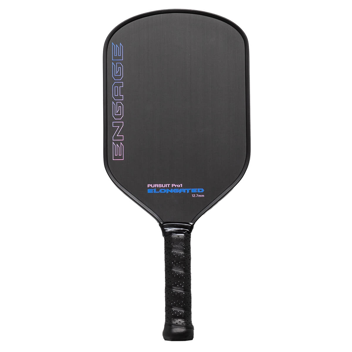 Front view of a black pickleball paddle with a blue ENGAGE logo and PURSUIT Pro1 ELONGATED text.