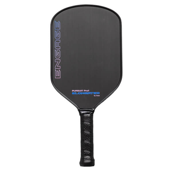 Front view of a black pickleball paddle with a blue ENGAGE logo and PURSUIT Pro1 ELONGATED text.