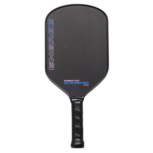 Front view of a black pickleball paddle with a blue ENGAGE logo and PURSUIT Pro1 ELONGATED text.
