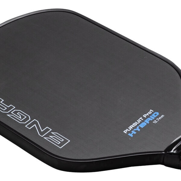 Angled top view of a black pickleball paddle with white ENGAGE logo, blue PURSUIT Pro1 HYBRID text, and a textured surface.