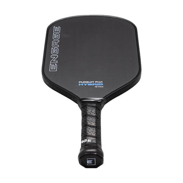 Angled front view of a black pickleball paddle with ENGAGE in white, HYBRID in blue, and a perforated grip.