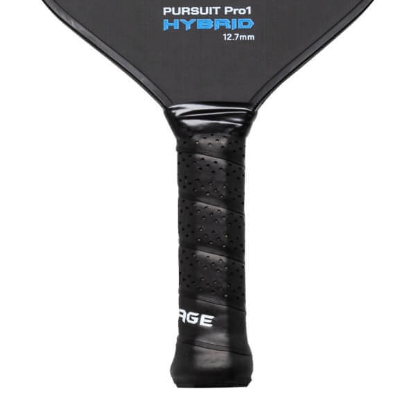 Close-up of a black pickleball paddle with PURSUIT Pro1 HYBRID text on the face and a perforated grip displaying AGE.