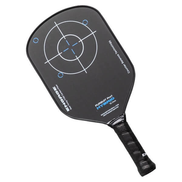 Angled view of a black Engage pickleball paddle with a target graphic, PURSUIT Pro1 HYBRID text, and a textured grip.