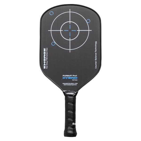 Front view of a black pickleball paddle with a white and blue target graphic, ENGAGE PURSUIT Pro1 HYBRID text, and a black textured grip.