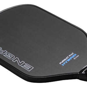 Angled top view of a black pickleball paddle with white ENGAGE logo, blue PURSUIT Pro1 HYBRID text, and a textured surface.