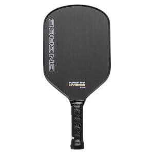 Front view of a black pickleball paddle with a white ENGAGE logo, PURSUIT Pro1 HYBRID text, and textured grip.