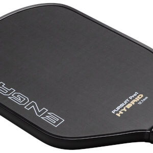 Angled close-up of a black pickleball paddle face with white ENGAGE logo and gold PURSUIT Pro1 HYBRID text.