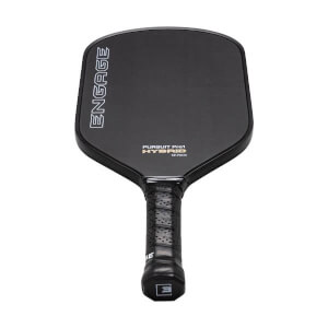 Angled front view of a black pickleball paddle with ENGAGE logo, PURSUIT Pro1 HYBRID text, and a perforated grip.