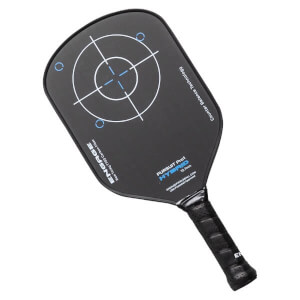 Angled view of a black Engage pickleball paddle with a target graphic, PURSUIT Pro1 HYBRID text, and a textured grip.
