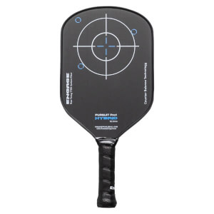 Front view of a black pickleball paddle with a white and blue target graphic, ENGAGE PURSUIT Pro1 HYBRID text, and a black textured grip.