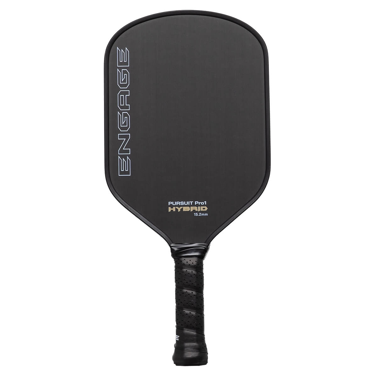 Front view of a black pickleball paddle with white ENGAGE text, PURSUIT Pro1 HYBRID text, and a textured grip.
