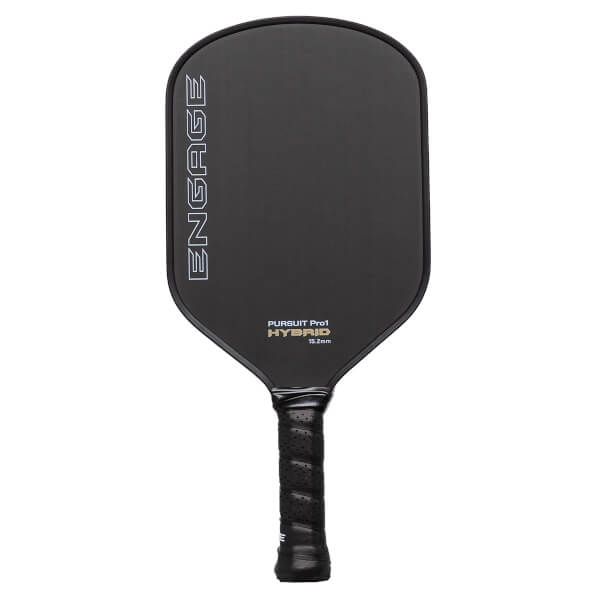 Front view of a black pickleball paddle with white ENGAGE text, PURSUIT Pro1 HYBRID text, and a textured grip.