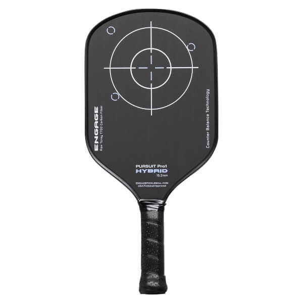 Front view of a black pickleball paddle with a white target graphic, PURSUIT Pro1 HYBRID text, and textured grip.