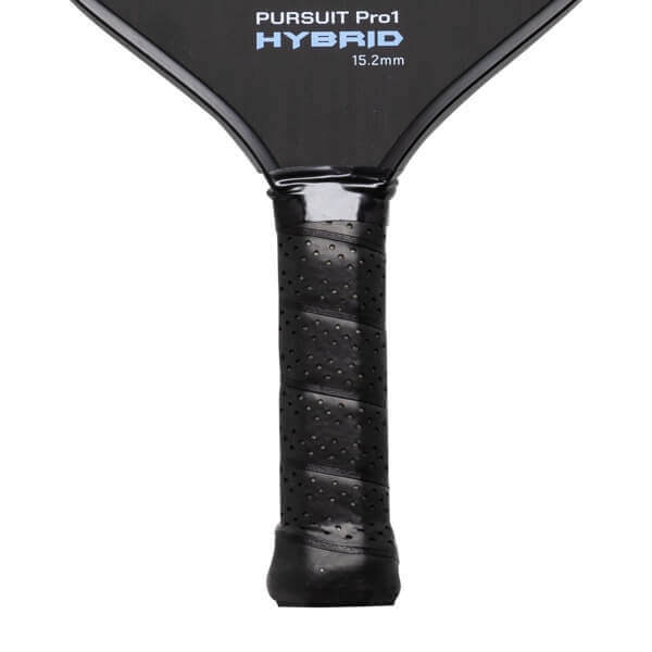 Close-up of a black pickleball paddles handle with a spiral perforated grip and PURSUIT Pro1 HYBRID text.