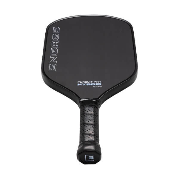 Front view of a black pickleball paddle with ENGAGE and PURSUIT Pro1 HYBRID text, and a perforated grip.