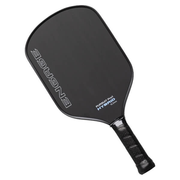 Angled front view of a black pickleball paddle with white ENGAGE logo, blue HYBRID text, and a black textured grip.