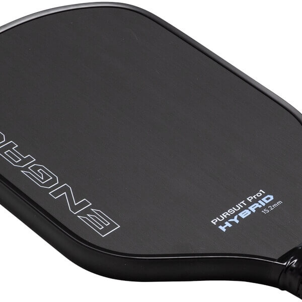 Angled close-up of a black pickleball paddle with a matte surface, white ENGAGE logo, and PURSUIT Pro1 HYBRID text.