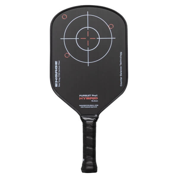 Front view of a black pickleball paddle with a white target design, PURSUIT Pro1 HYBRID text, and Engage branding.