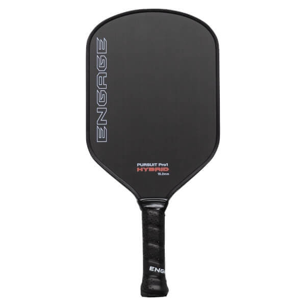 Front view of a black pickleball paddle with a white ENGAGE logo, red PURSUIT Pro1 HYBRID text, and a black textured grip.