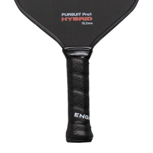 Close-up of a black pickleball paddle handle with ENGAGE and paddle face showing PURSUIT Pro1 HYBRID 15.2mm.