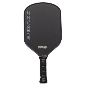 Front view of a black pickleball paddle with white ENGAGE text, PURSUIT Pro1 HYBRID text, and a textured grip.