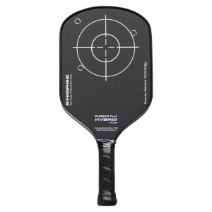 Front view of a black pickleball paddle with a white target graphic, PURSUIT Pro1 HYBRID text, and textured grip.