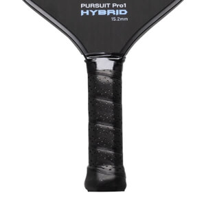 Close-up of a black pickleball paddles handle with a spiral perforated grip and PURSUIT Pro1 HYBRID text.
