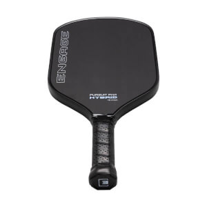 Front view of a black pickleball paddle with ENGAGE and PURSUIT Pro1 HYBRID text, and a perforated grip.
