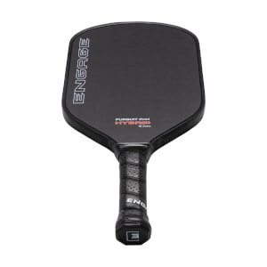 Angled front view of a black pickleball paddle with ENGAGE branding, PURSUIT Pro1 HYBRID text, and a perforated grip.