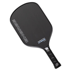 Angled front view of a black pickleball paddle with white ENGAGE logo, blue HYBRID text, and a black textured grip.