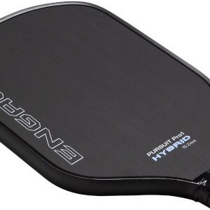 Angled close-up of a black pickleball paddle with a matte surface, white ENGAGE logo, and PURSUIT Pro1 HYBRID text.