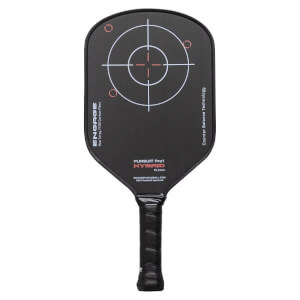 Front view of a black pickleball paddle with a white target design, PURSUIT Pro1 HYBRID text, and Engage branding.