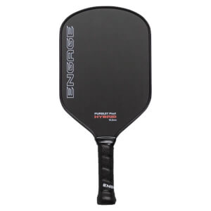 Front view of a black pickleball paddle with a white ENGAGE logo, red PURSUIT Pro1 HYBRID text, and a black textured grip.