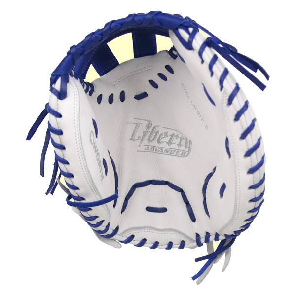 Top-down view of a white fastpitch catchers mitt with royal blue lacing and Liberty ADVANCED branding.