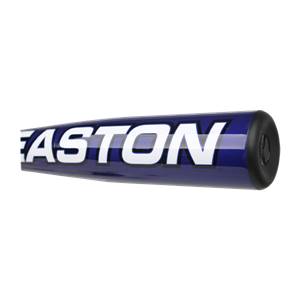 Side view of a blue baseball bat with white EASTON lettering and a black end cap.