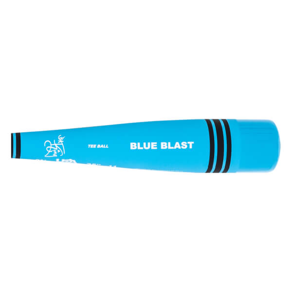 Side view of a blue tee ball bat with BLUE BLAST text and black stripes.