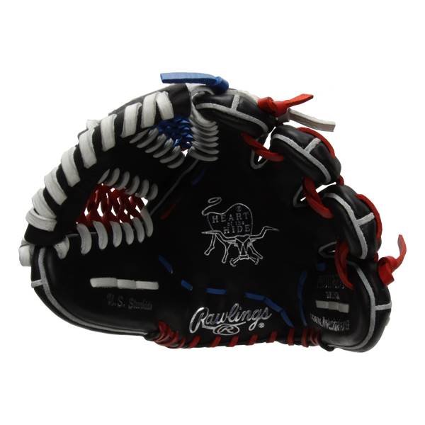 Side view of a black baseball glove with white, red, and blue lacing and Rawlings logo.