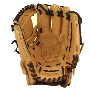 Front view of a tan baseball glove with black lacing and MVP Fastpitch branding.