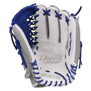 Interior view of a royal blue and white baseball glove with Liberty Advanced and WORTH branding.