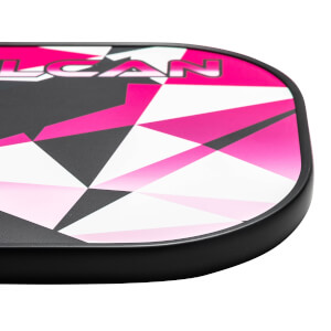 Corner view of a pink and white pickleball paddle with a geometric pattern and VULCAN text.