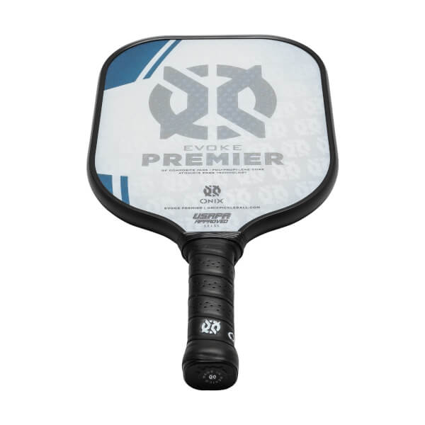 Front view of a white pickleball paddle with a black grip, EVOKE PREMIER text, and USAPA approved logo.