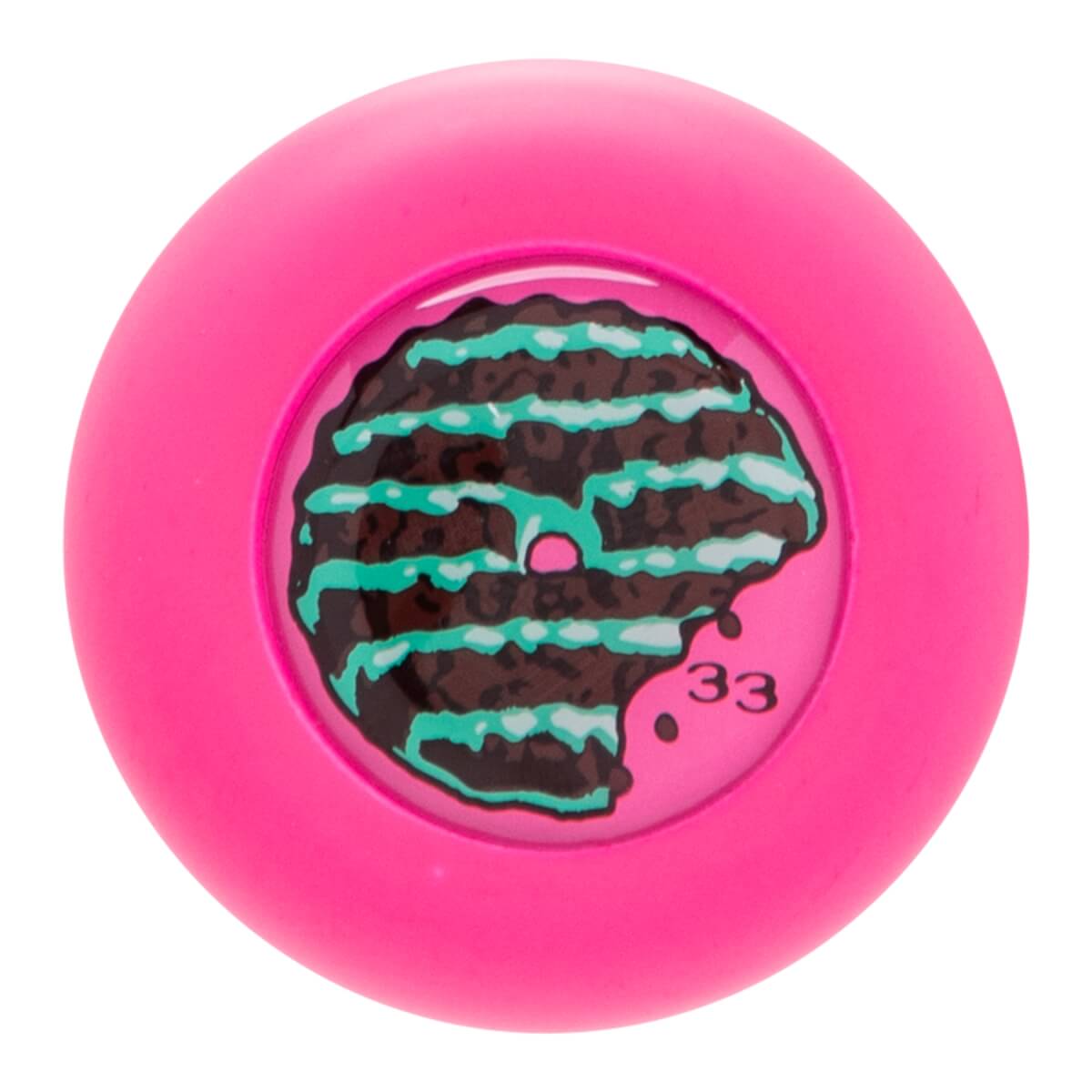 Top-down view of a pink baseball bat end cap with a chocolate cookie graphic, mint green icing, and the number 33.