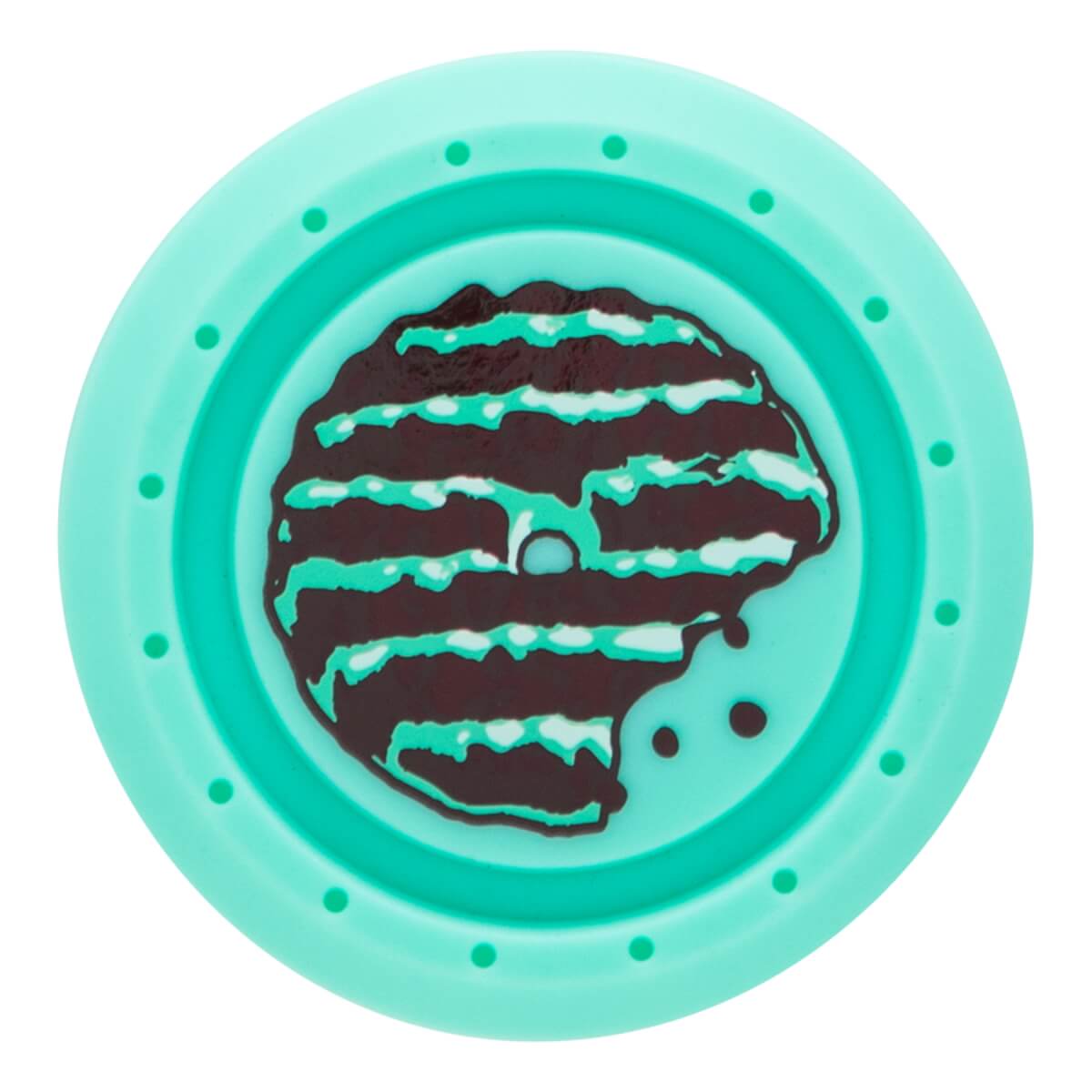 Top-down view of a mint green bat end cap with a dark brown and teal mint chip cookie graphic and dotted rim.