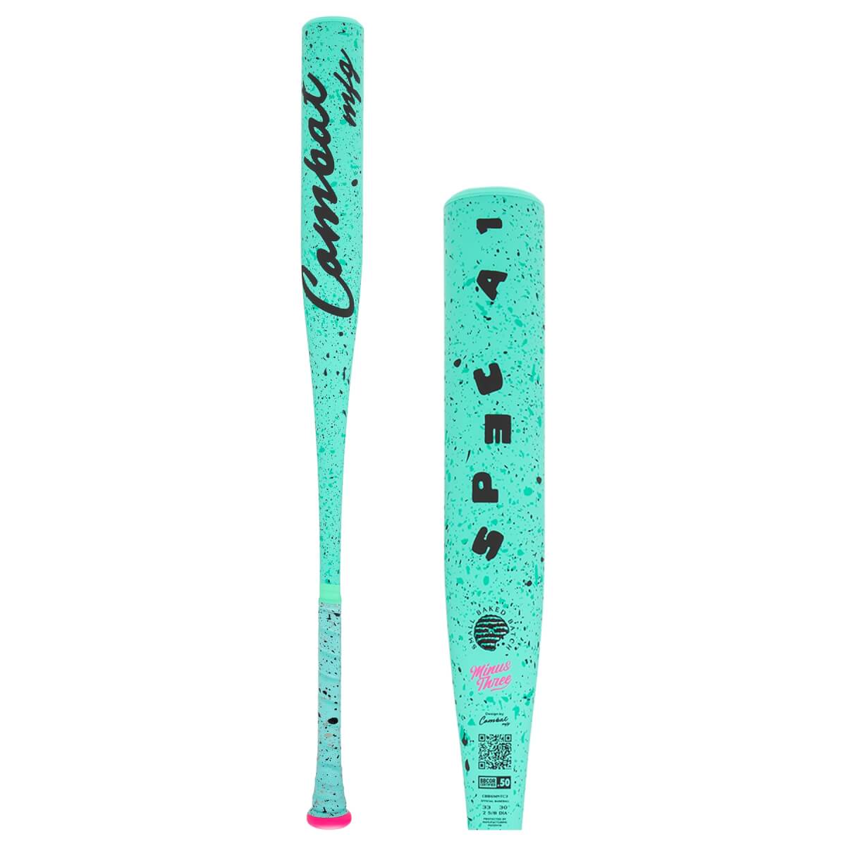 Dual side view of a mint green baseball bat with black speckles, showing Combat mfg, SPEC A1, and a pink end cap.