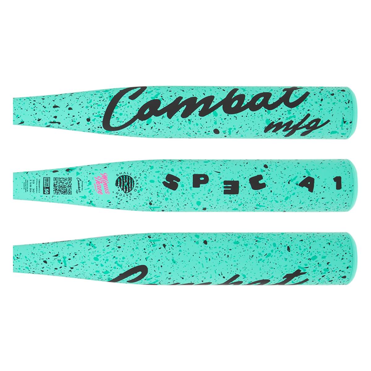 Full graphic layout of a mint green baseball bat with black speckles, Combat mfg script, and SPEC A1 text.