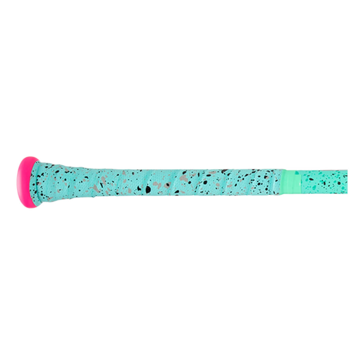 Side view of a mint green baseball bat grip with black and peach speckles and a bright pink knob.