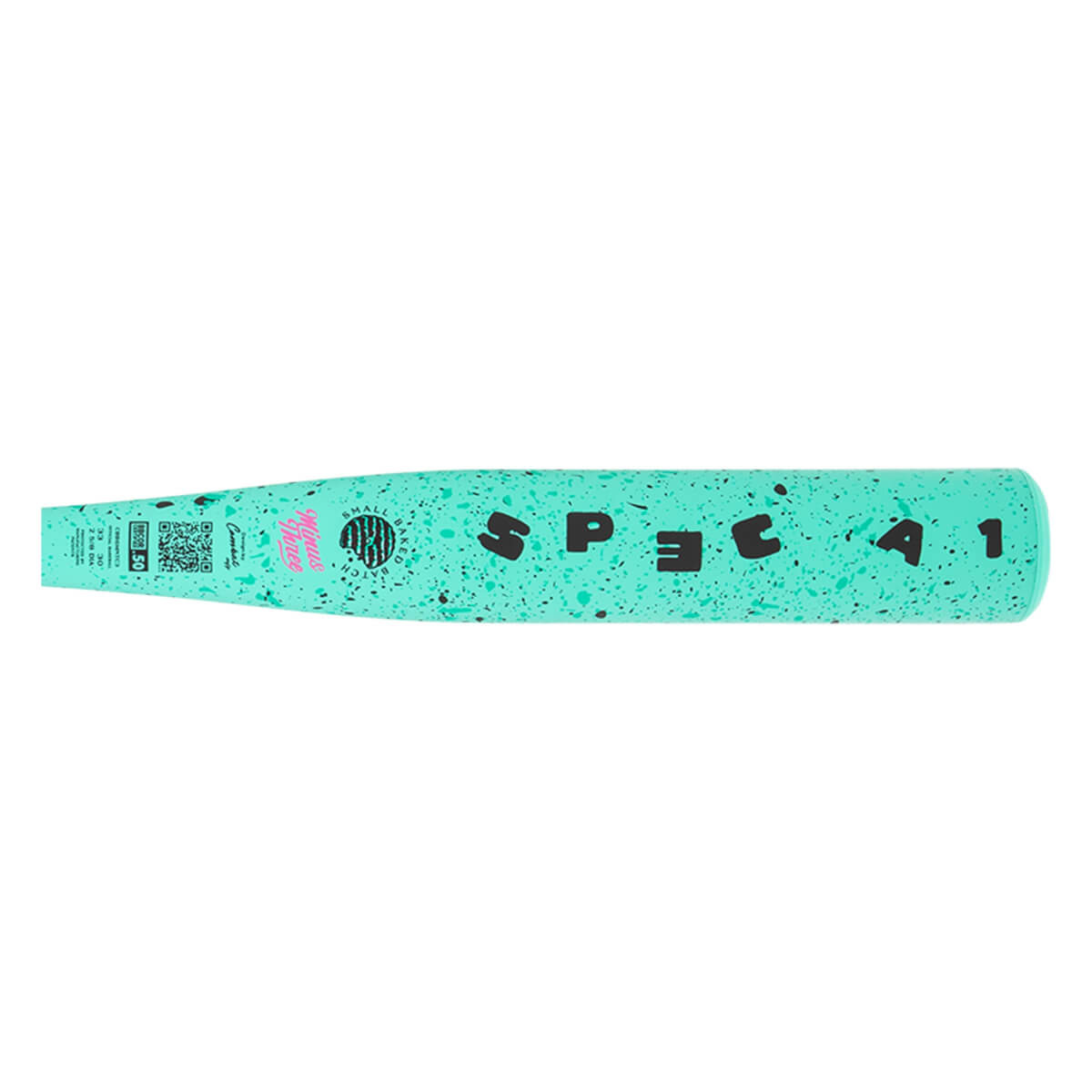Side view of a mint green baseball bat with black speckles, large black SPEC A1 text, and a pink Small Batch logo.
