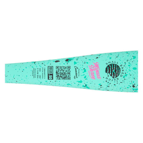 Angled close-up of a mint chip baseball bat, featuring Minus Three in pink script and BBCOR .50 CERTIFIED stamp.