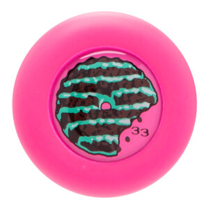 Top-down view of a pink baseball bat end cap with a chocolate cookie graphic, mint green icing, and the number 33.