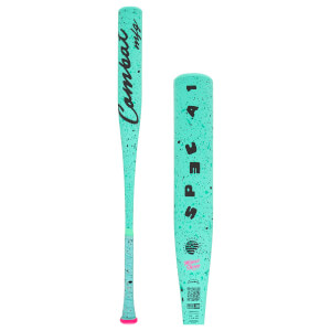 Dual side view of a mint green baseball bat with black speckles, showing Combat mfg, SPEC A1, and a pink end cap.